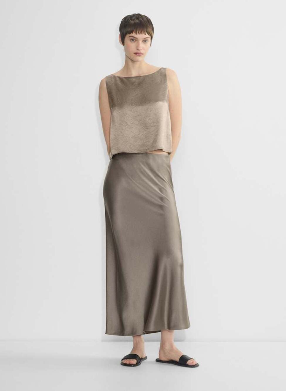 Babaton Aritzia Slip Satin Midi Skirt in Bronze Crinkled Texture